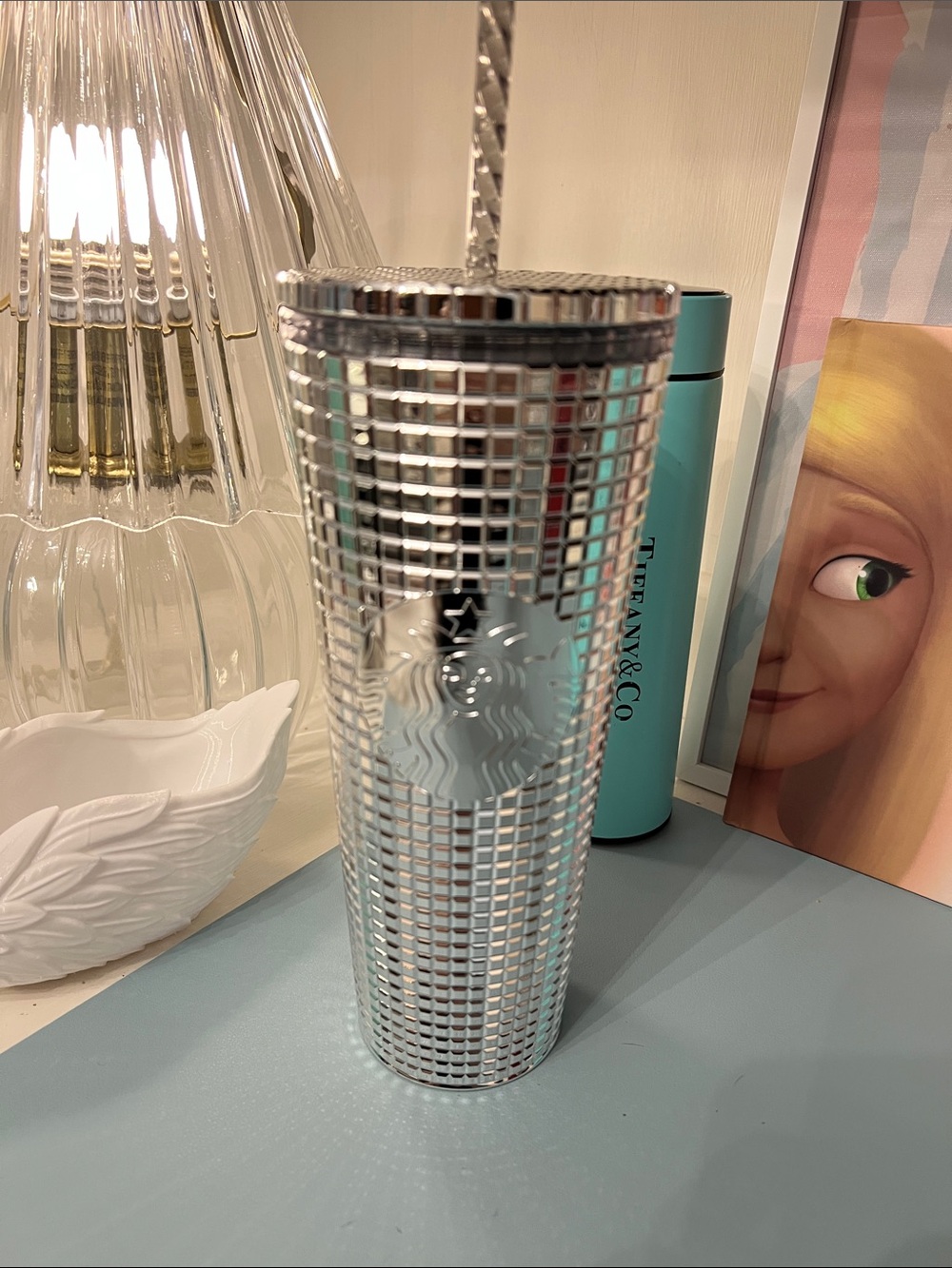 Starbucks Silver Mosaic Tumbler with Straw - Reflective Grid Design